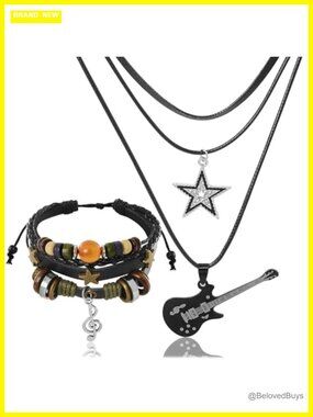 Multilayer Star Necklace Leather Bracelet Set Gothic Punk Y2K